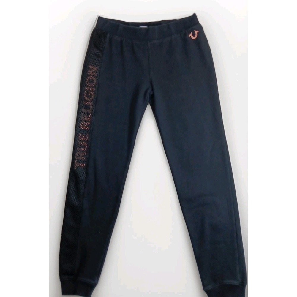 True Religion Women's Joggers Black Mesh Sweat Tpant Lounge West Logo Pink SzLX